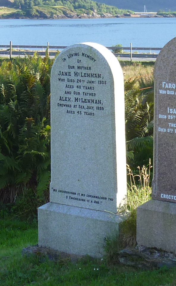 Photo of headstones/Jane McLennan (d1905) & Alex McLennan (d1899) hdstn Clachan Duich